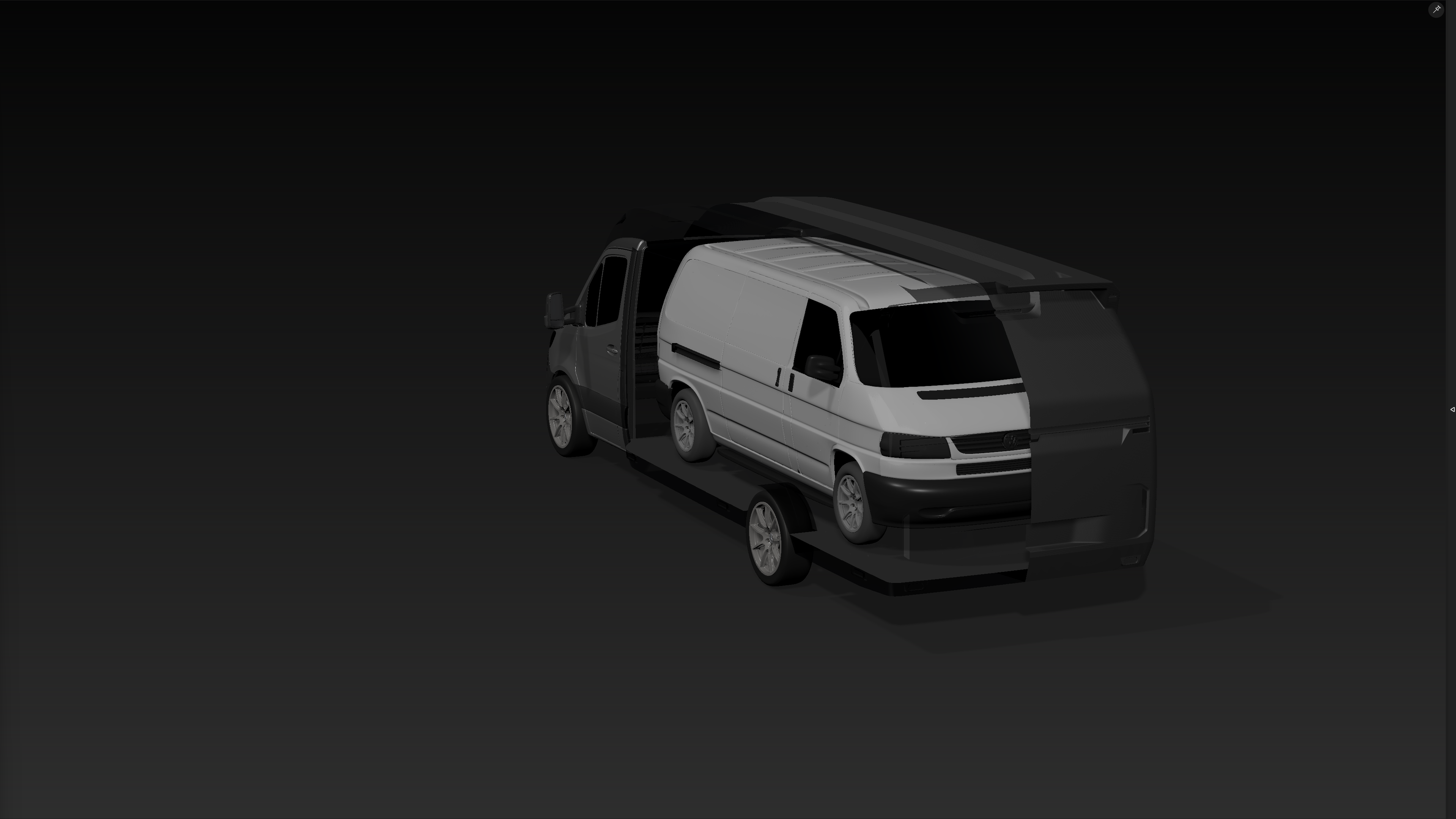 Perspektivische Heckansicht des Orca Transporters mit teiltransparenter Hülle, die einen weißen VW Bus sicher positioniert auf der Ladefläche zeigt.