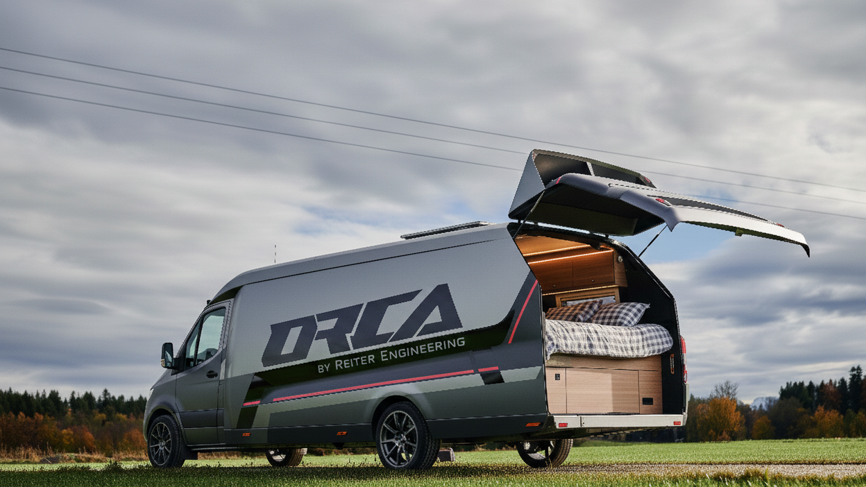ORCA Wohnmobil-Ausbau mit Panorama-Hecköffnung und hochwertigem Interieur.