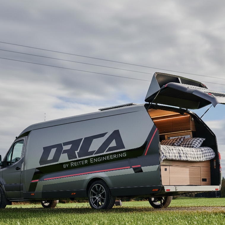 ORCA Wohnmobil-Ausbau mit Panorama-Hecköffnung und hochwertigem Interieur.