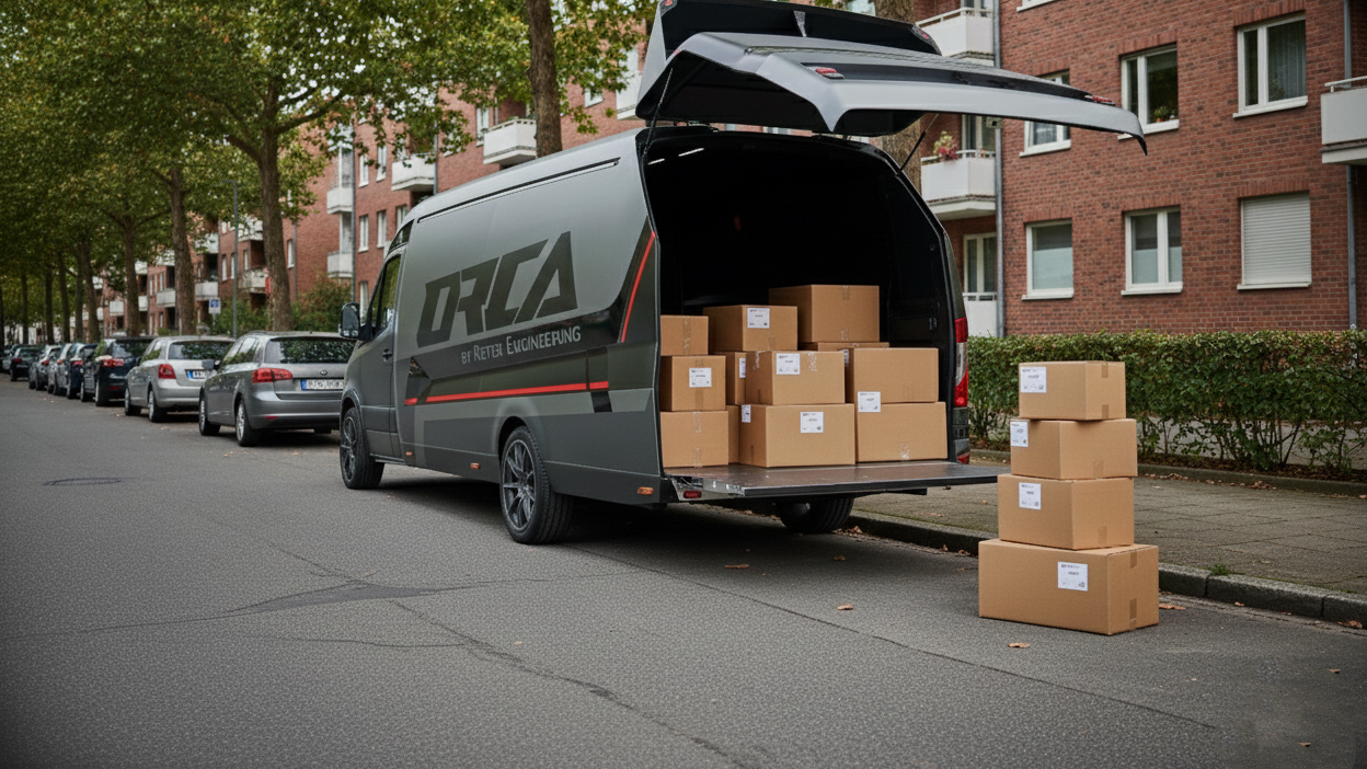 Grauer ORCA Transporter als Lieferwagen in einer Wohnstraße mit geöffneter Heckklappe, beladen mit zahlreichen Versandpaketen