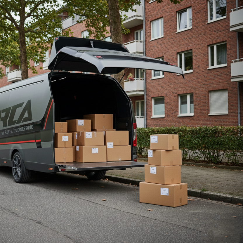 Grauer ORCA Transporter als Lieferwagen in einer Wohnstraße mit geöffneter Heckklappe, beladen mit zahlreichen Versandpaketen