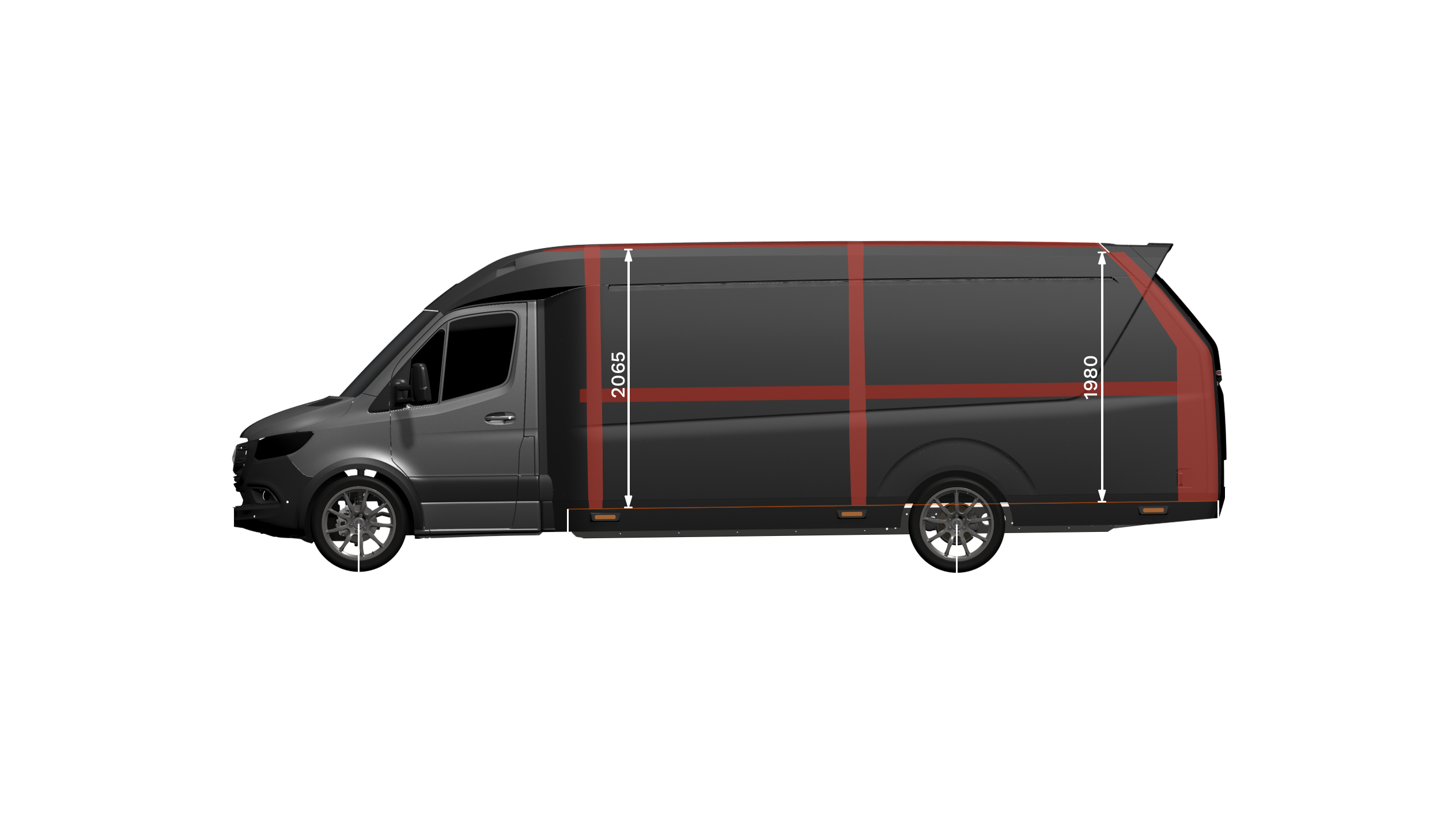 Graues Rendering von Orca Leichtbautransporter Seitenansicht mit eingezeichneten Maßen