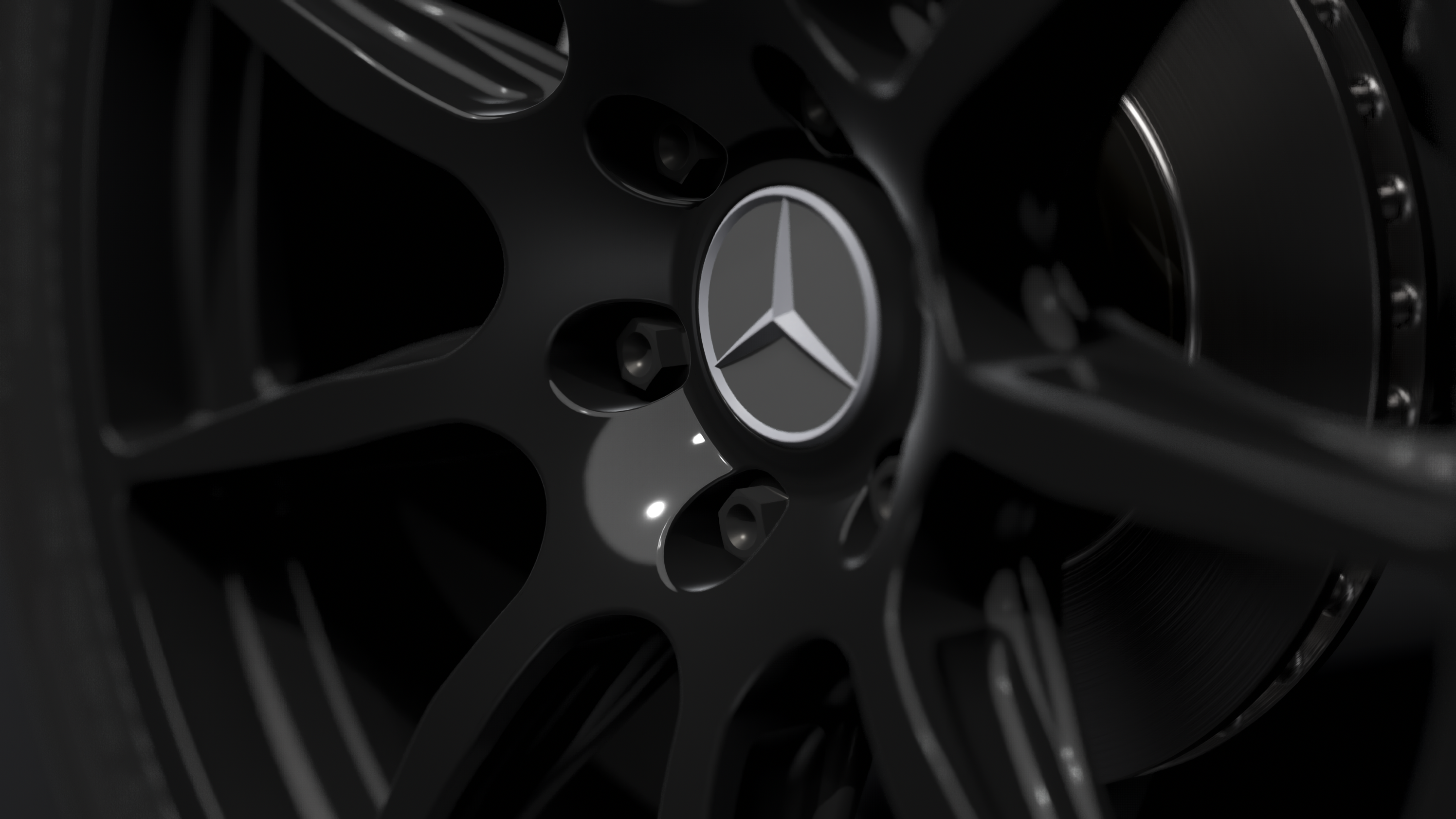 Detailaufnahme einer 22 Zoll Mercedes-Benz Alufelge in Schwarz Glanz von ORCA mit Mercedes-Stern Logo.