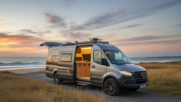 Ausgebauter ORCA Transporter Camping-Van mit offener Schiebetür und beleuchtetem Innenraum am Strand während des Sonnenuntergangs
