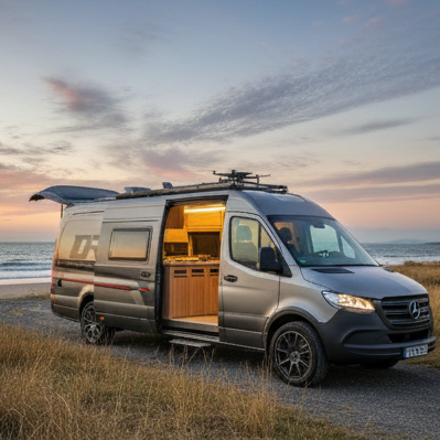 Ausgebauter ORCA Transporter Camping-Van mit offener Schiebetür und beleuchtetem Innenraum am Strand während des Sonnenuntergangs