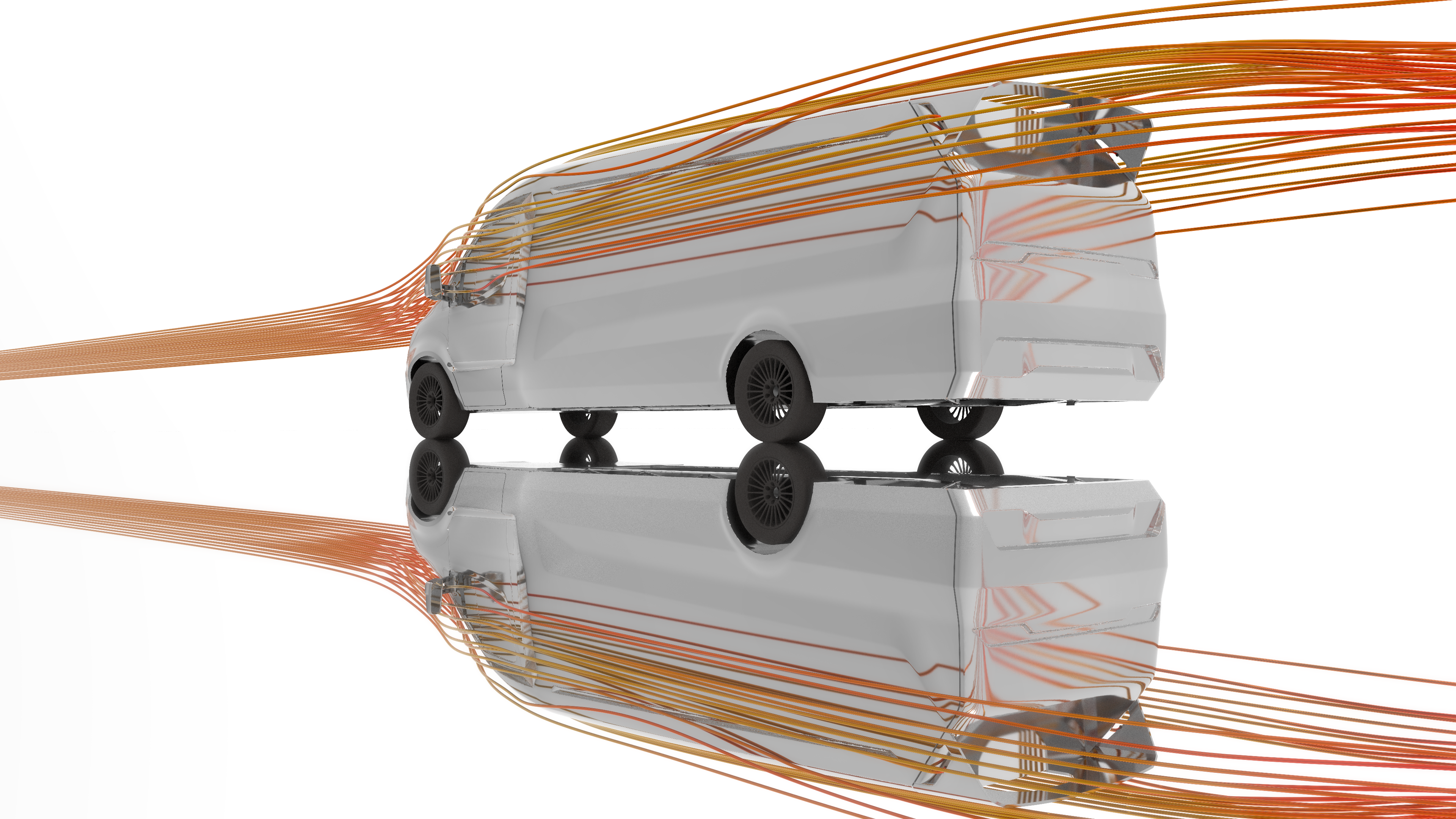 Hochauflösendes Rendering des ORCA Transporters in Weiß mit orangefarbenen Strömungsvektoren zur Illustration der aerodynamischen Effizienz.