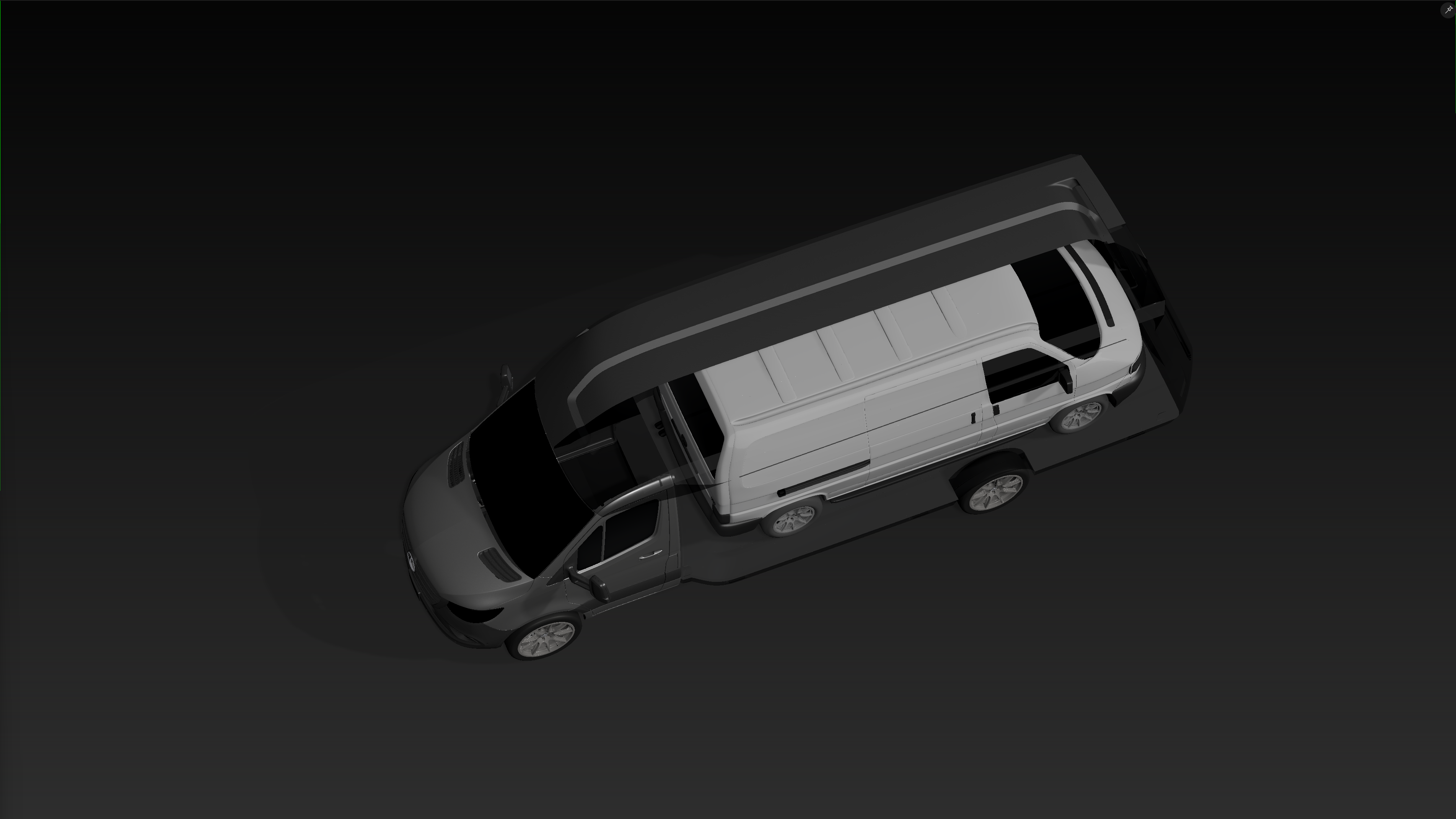3D-Draufsicht des Orca Transporters, die das exakte Fitting eines VW Transporters innerhalb der aerodynamischen Karosserie verdeutlicht