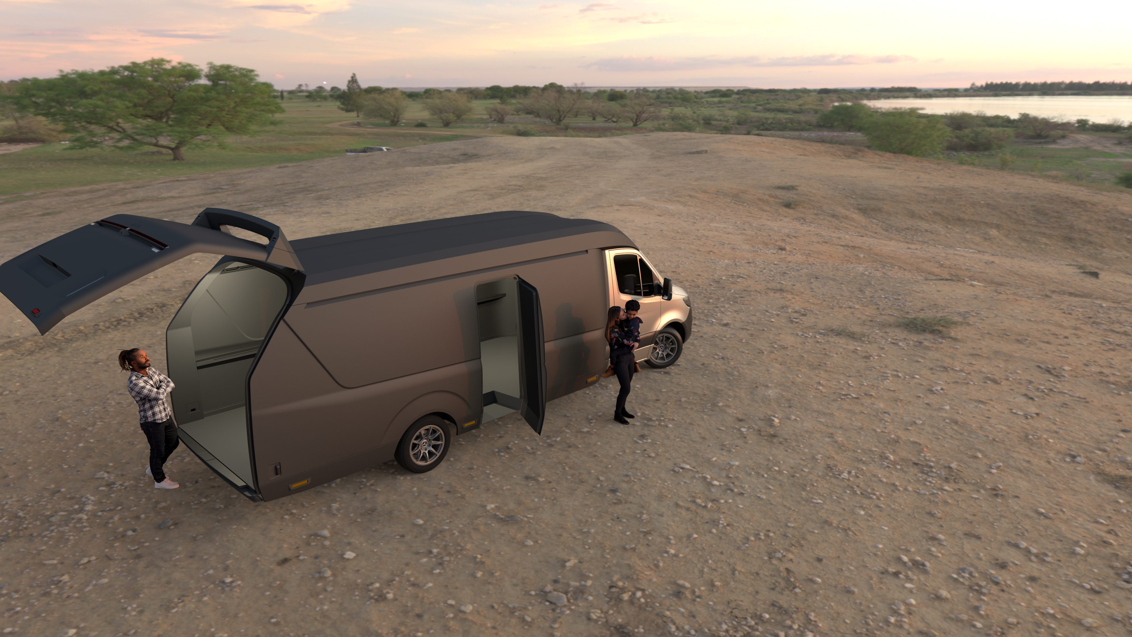 Vollständige Ansicht des ORCA Leichtbau Transporters als Camperausbau mit Seitentür und geöffneter Heckklappe