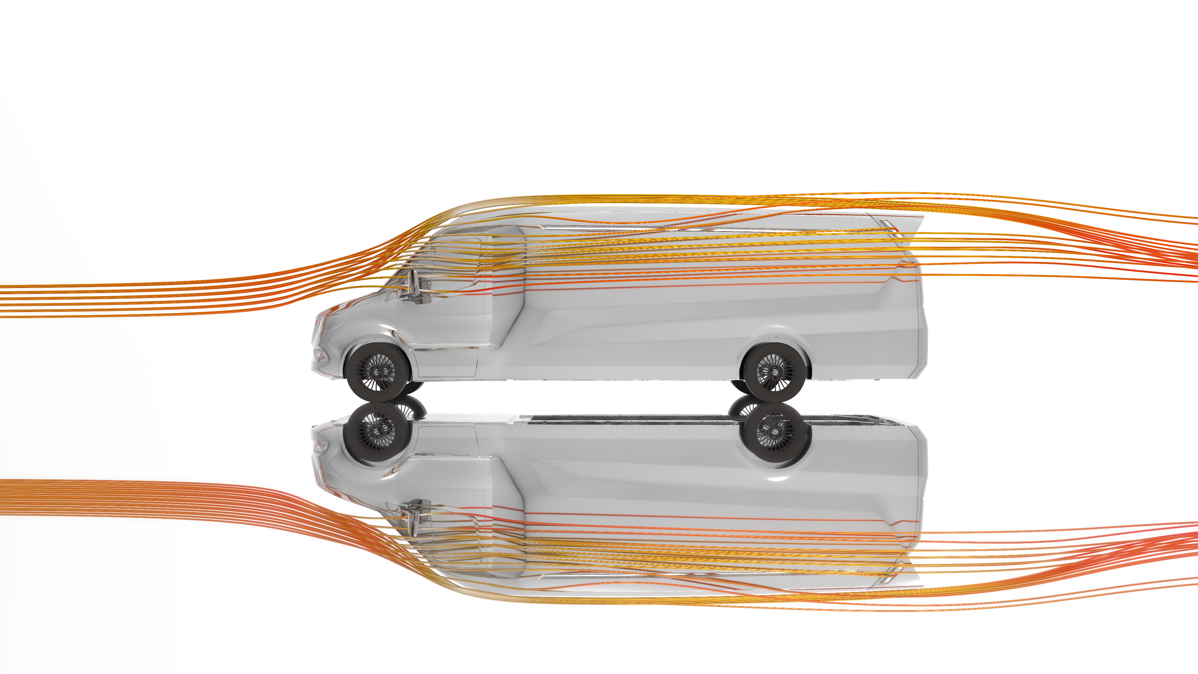 CFD-Simulation des ORCA Transporters in der Seitenansicht zeigt laminare Strömungsverläufe entlang der optimierten Außenhaut zur Reduzierung des Luftwiderstands