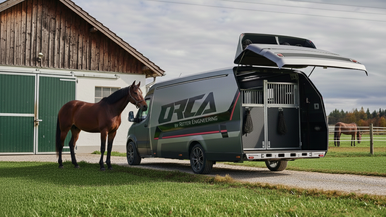 ORCA Transporter mit Pferdetransporter-Ausbau steht vor einem Stallgebäude neben einem braunen Pferd auf einer Wiese