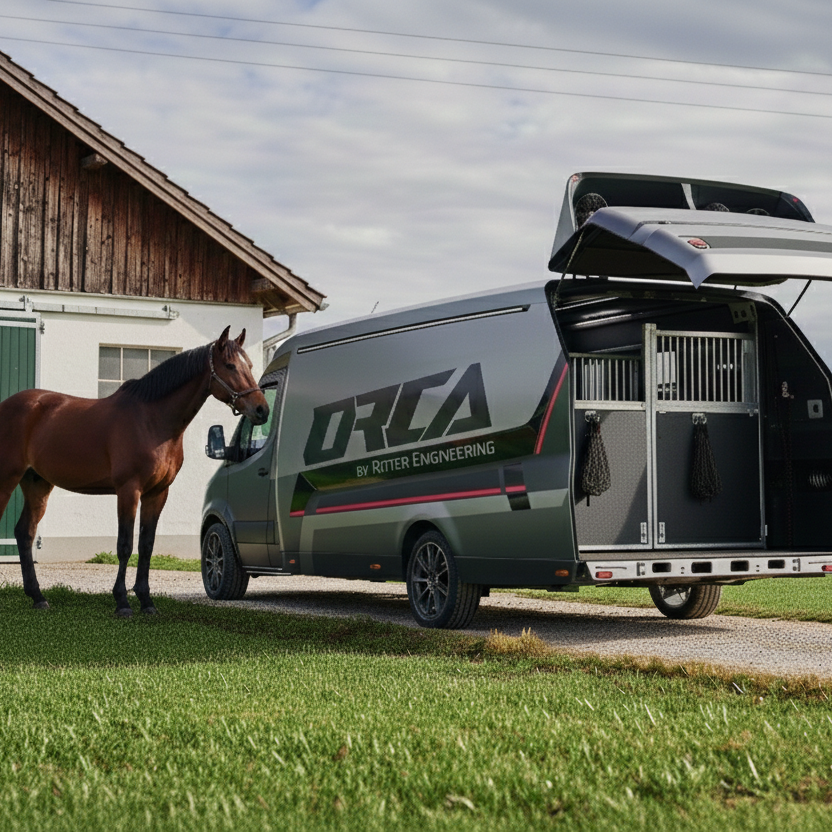 ORCA Transporter mit Pferdetransporter-Ausbau steht vor einem Stallgebäude neben einem braunen Pferd auf einer Wiese