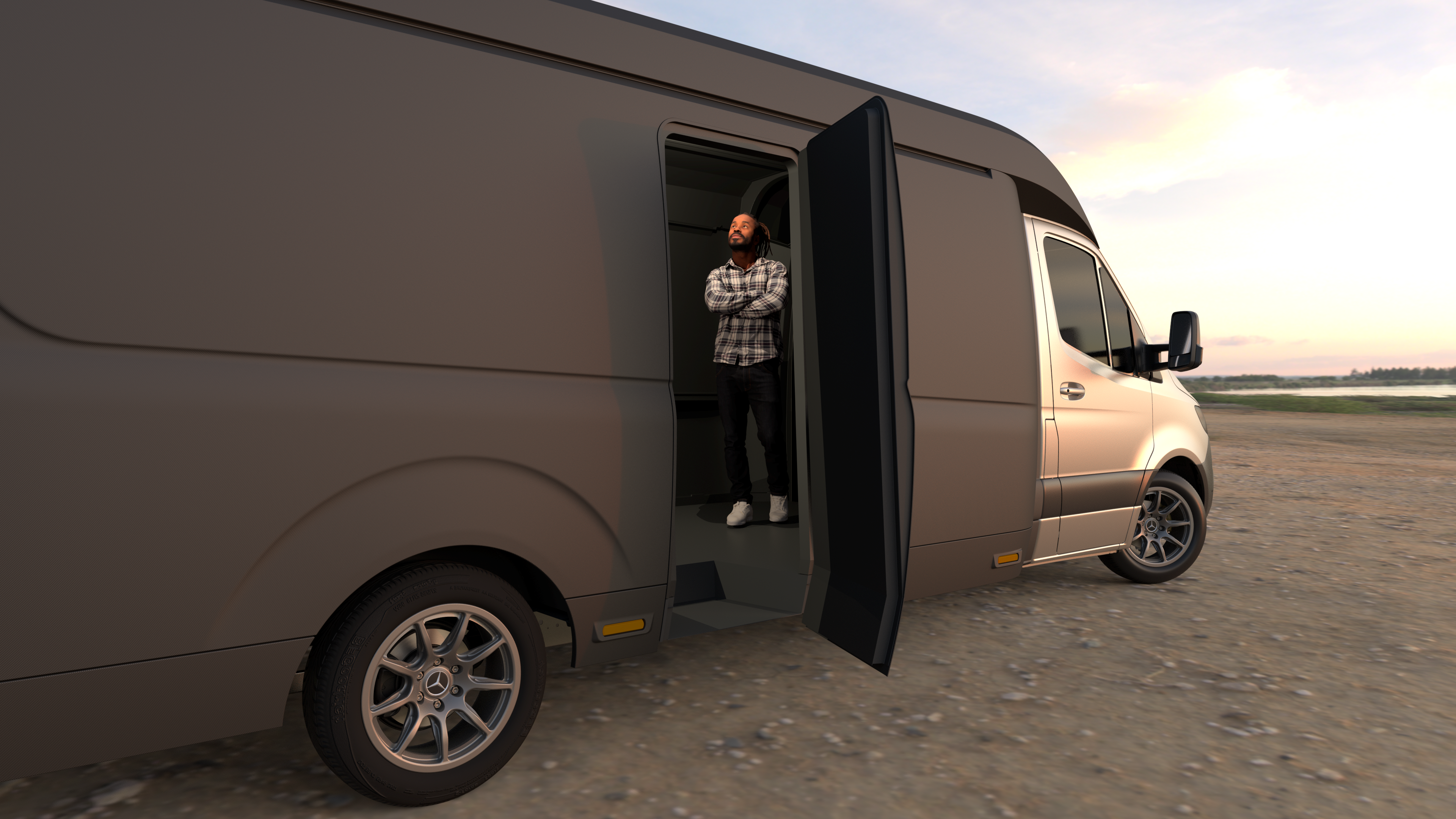 Nahaufnahme der geöffneten Seitentür des Orca Fieldview Campers, die funktionale Seitentür und die moderne Karosserieform zeigt.