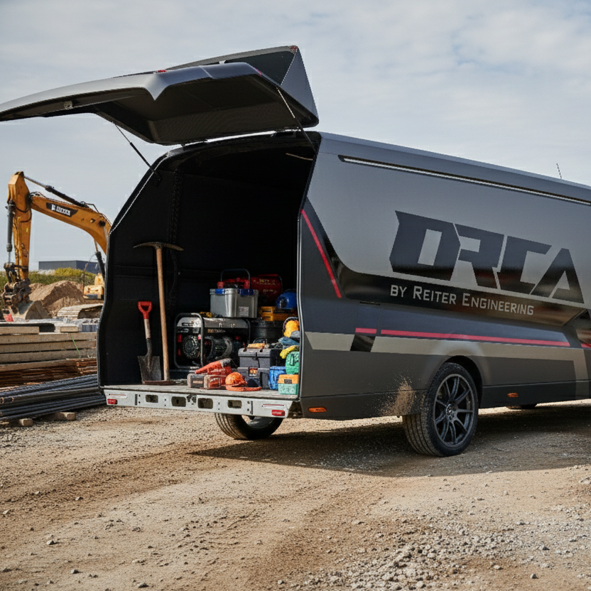 Geöffnetes Heck eines ORCA Transporter als Lieferfahrzeug auf einer Baustelle, beladen mit Werkzeug und Bauausrüstung