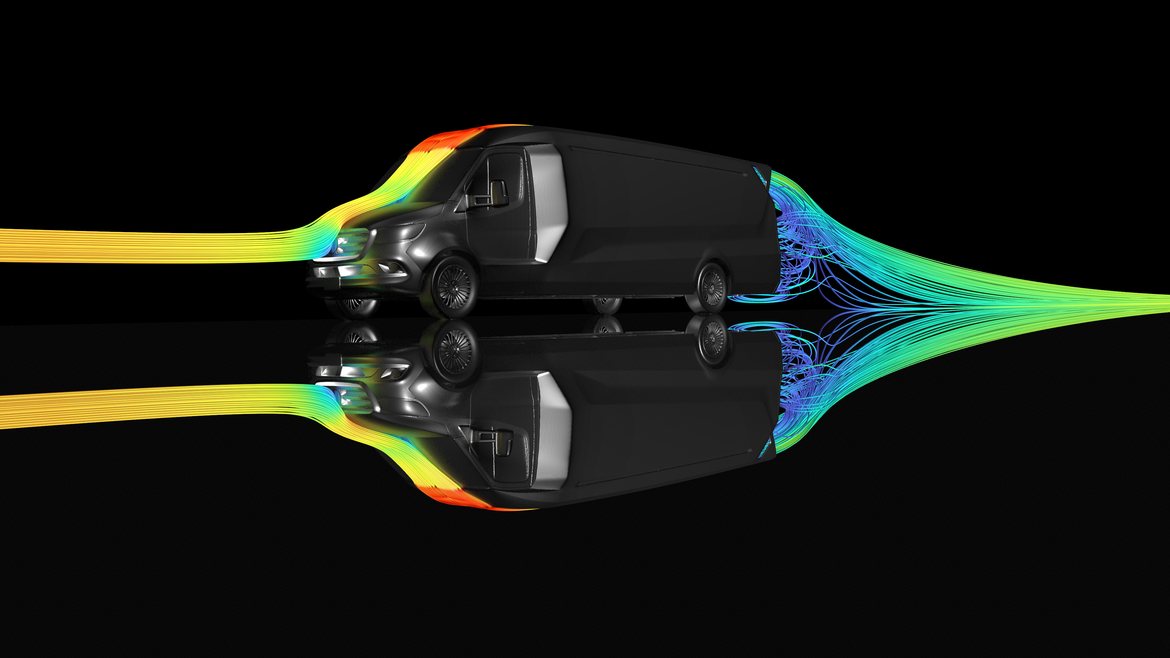 Dreiviertelansicht des ORCA Transporters mit farbigen Stromlinien, die die Luftführung über die Fahrzeugfront und das Dach zeigen.