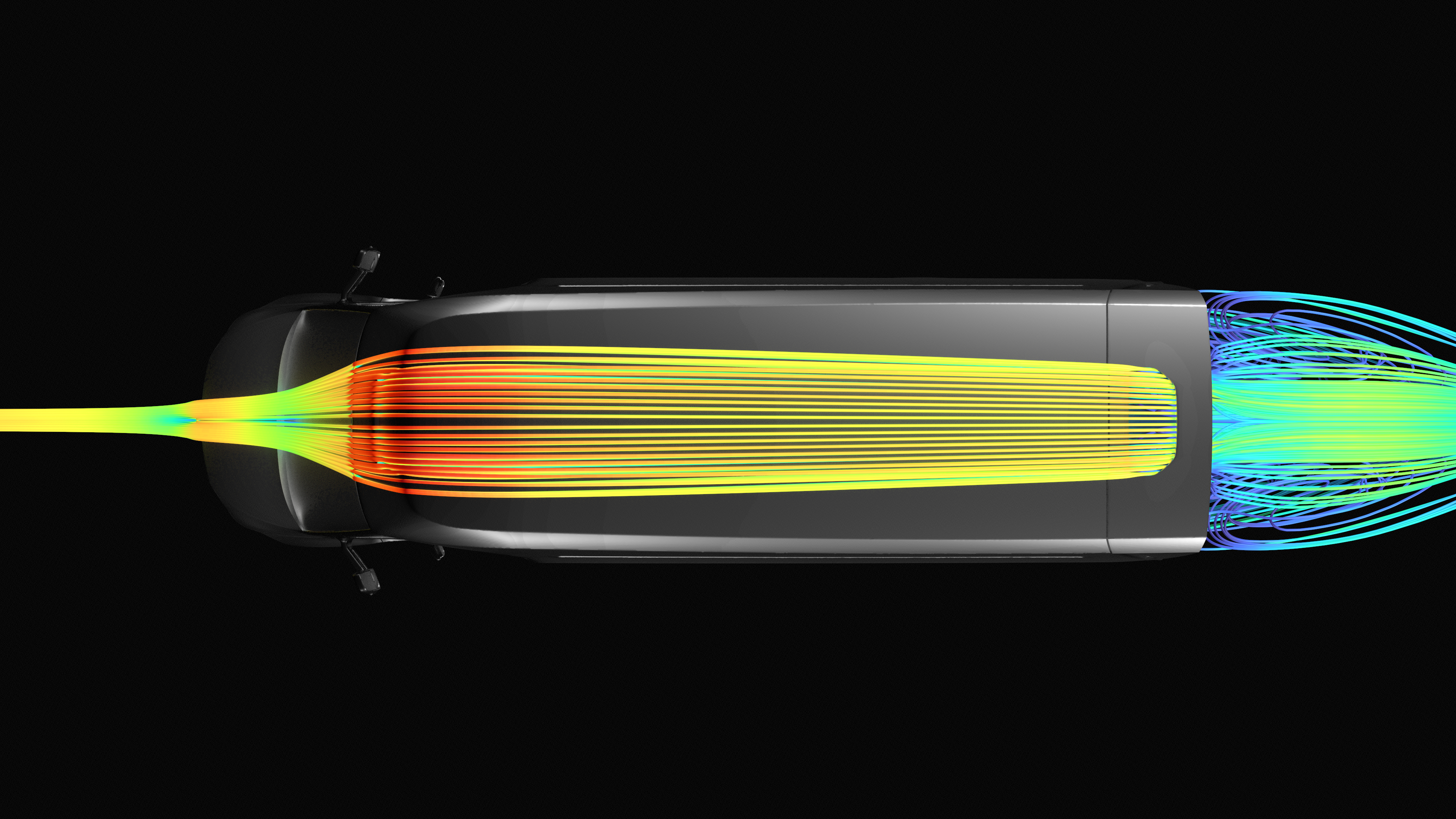 Top-Down Ansicht der CFD-Simulation des ORCA Transporters zur Analyse der laminaren Strömung über das Fahrzeugdach.