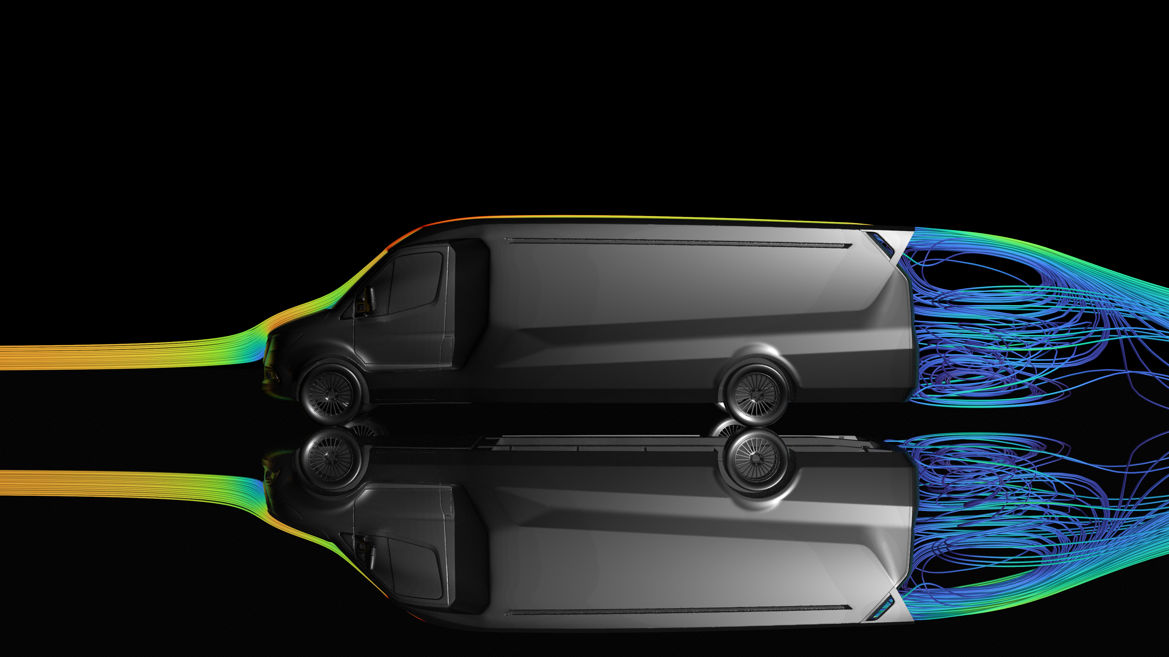 Seitenansicht des ORCA Transporters mit visualisierten Strömungslinien aus der Simcenter STAR-CCM+ Simulation zur Optimierung des Luftwiderstands.