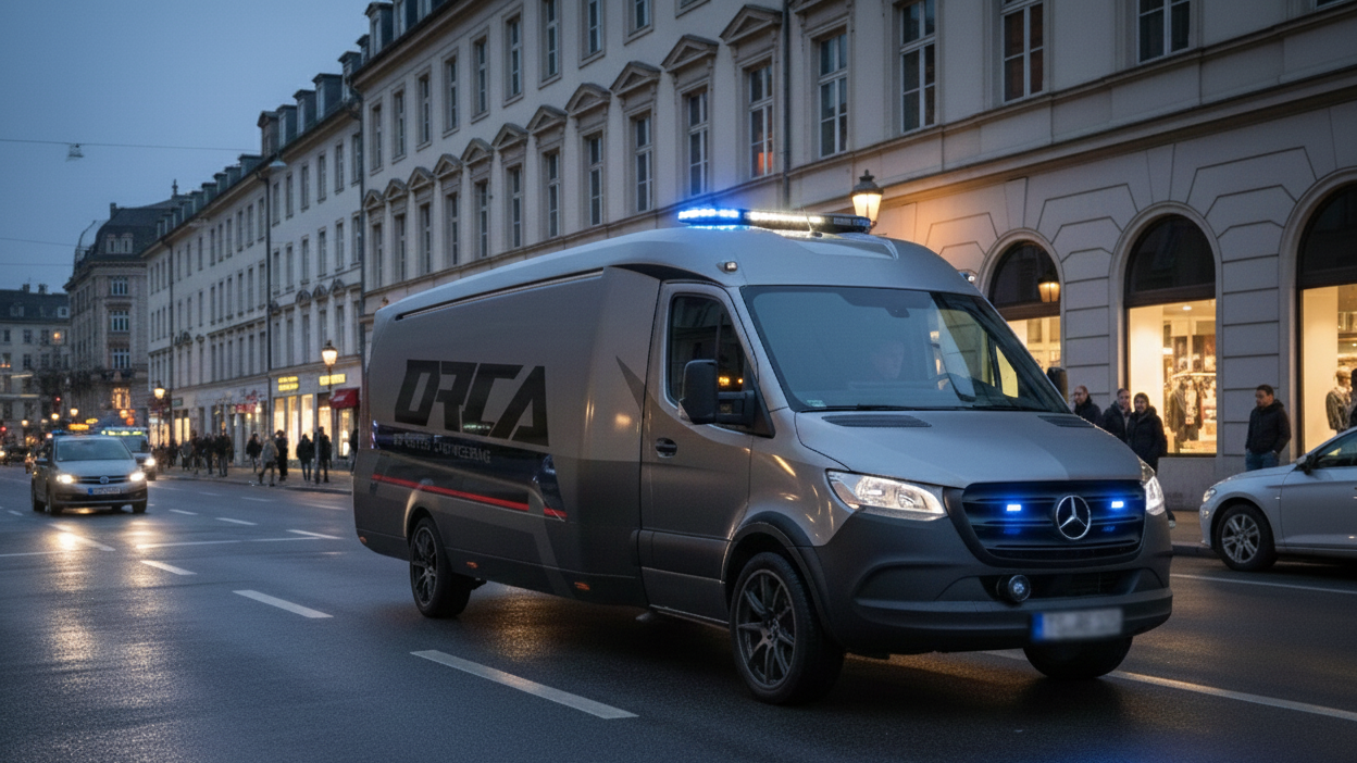 Silberner ORCA Transporter als Polizei-Einsatzfahrzeug mit eingeschaltenem Blaulicht bei Nacht in einer Stadtstraße