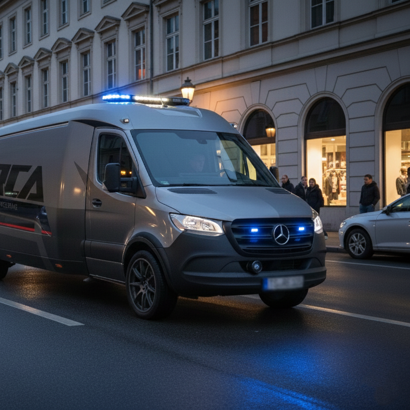 Silberner ORCA Transporter als Polizei-Einsatzfahrzeug mit eingeschaltenem Blaulicht bei Nacht in einer Stadtstraße