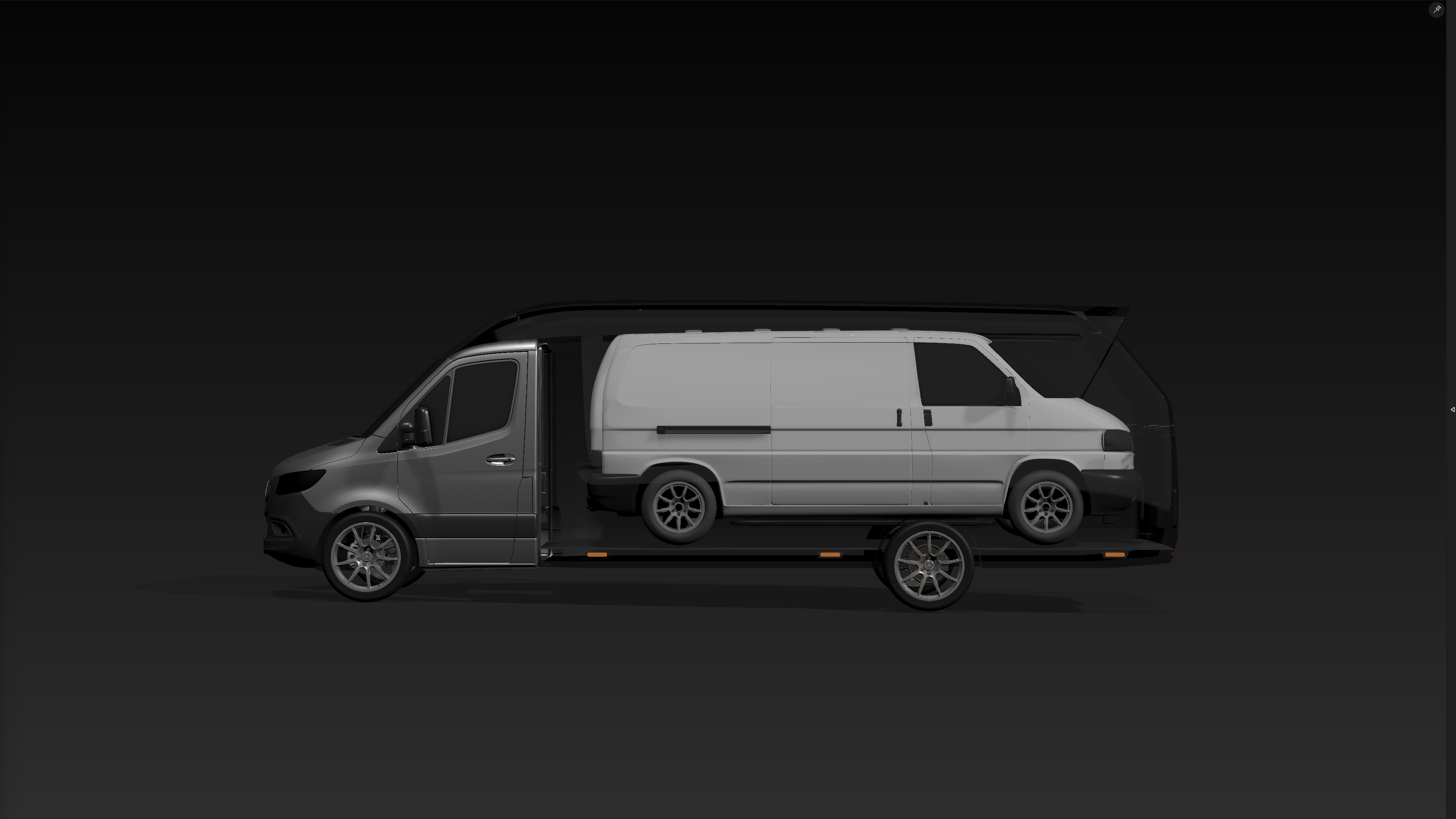 Transparente Seitenansicht eines Orca Leichtbautransporters, der die Unterbringung eines VW T4 Kastenwagens im geschlossenen Aufbau demonstriert.